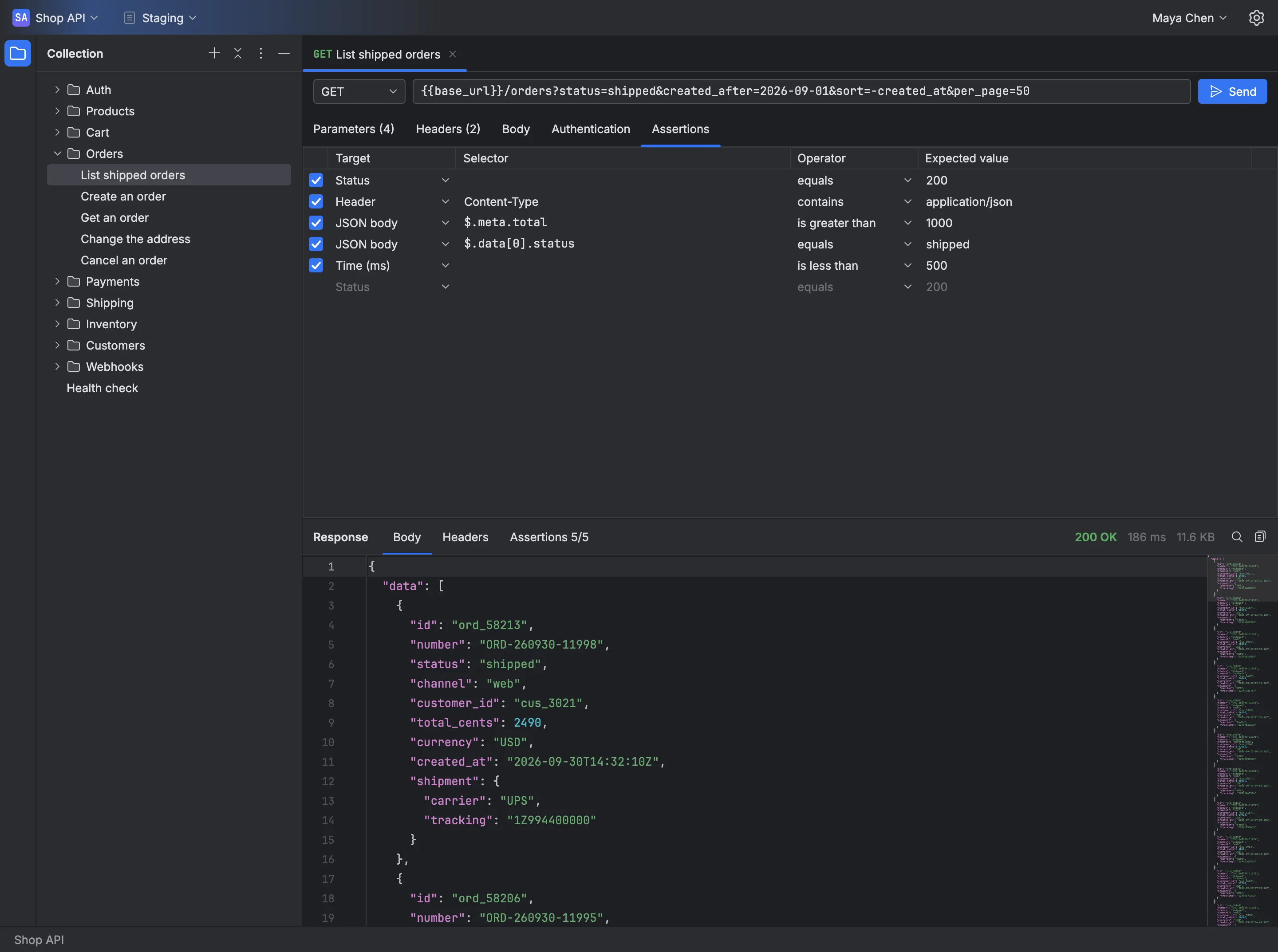 The window of Apiq with the sample Shop API collection, of nine folders, on the List shipped orders request, GET /orders with four parameters, in the Staging environment: the five assertions of the request, on status, header, JSON body and time, and the 200 OK JSON response of 11.6 KB in 186 ms, with all five passed.