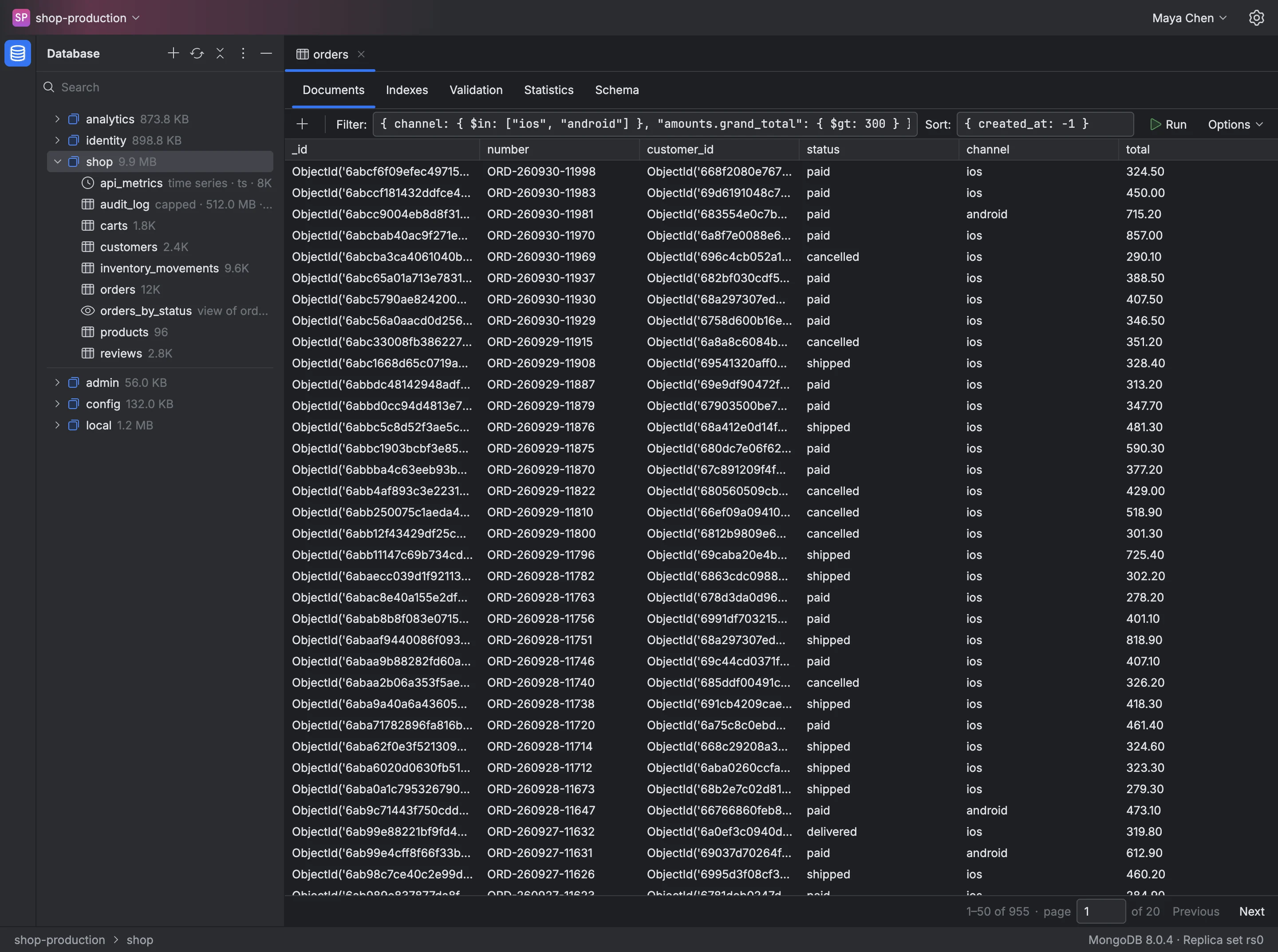 The window of Mongiq on the sample shop-production connection: the shop database open with its collections, orders among them with 12 thousand documents, and a query on orders that filters iOS and Android orders above 300 dollars, newest first, with 955 results.